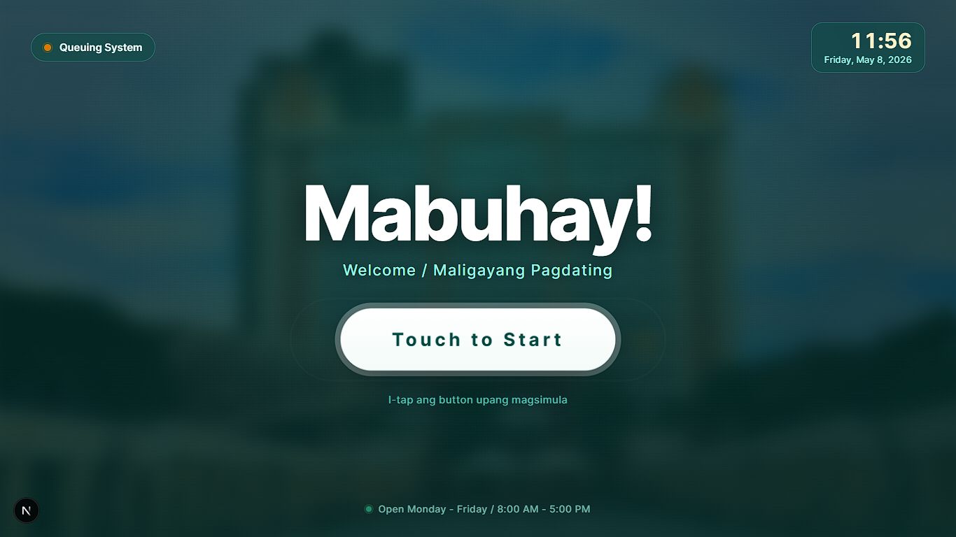 Queuing kiosk welcome screen