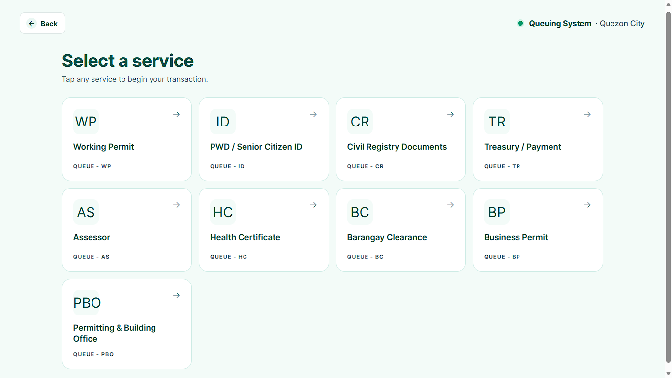 Kiosk screen showing a list of services