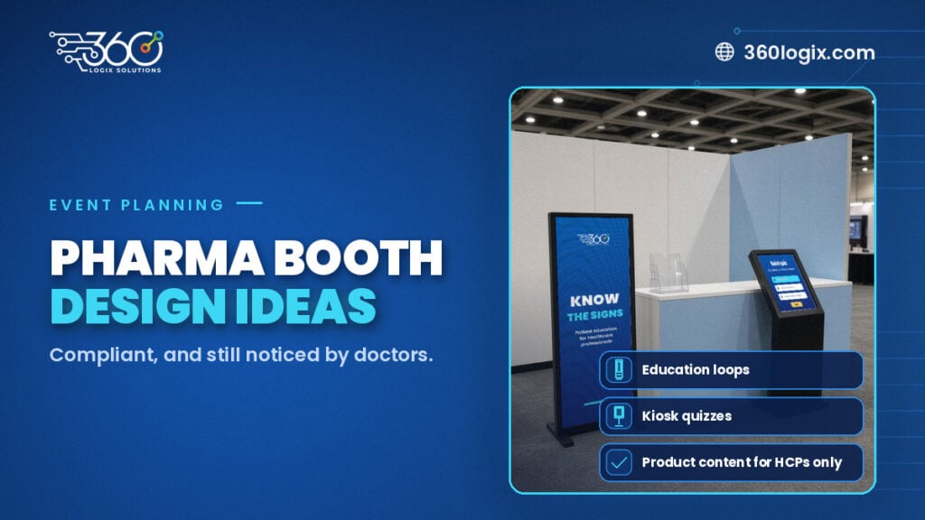 Exhibition booth at a medical congress with an LED Poster and a touchscreen kiosk showing HCP education content