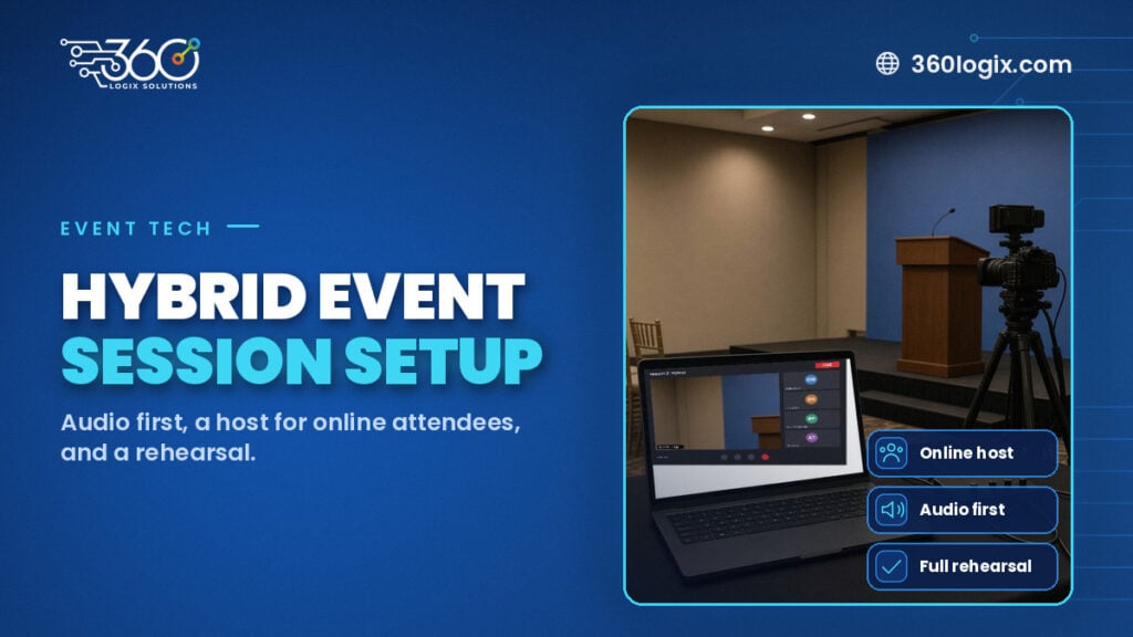 Function room stage with podium, camera on tripod and tech table laptop showing a hybrid session video call
