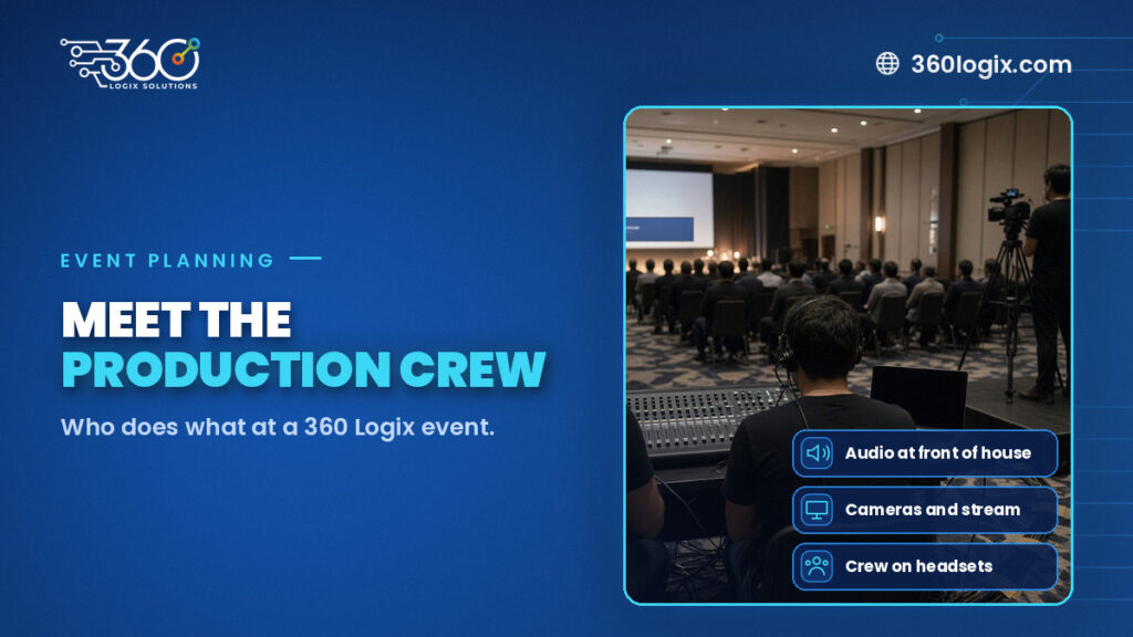 Event production crew on headsets at the front-of-house desk during a conference session