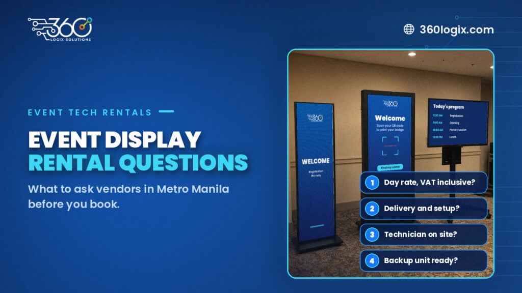 Hotel foyer with an LED Poster, a floor-standing kiosk and a TV on a rolling stand, with a vendor checklist card