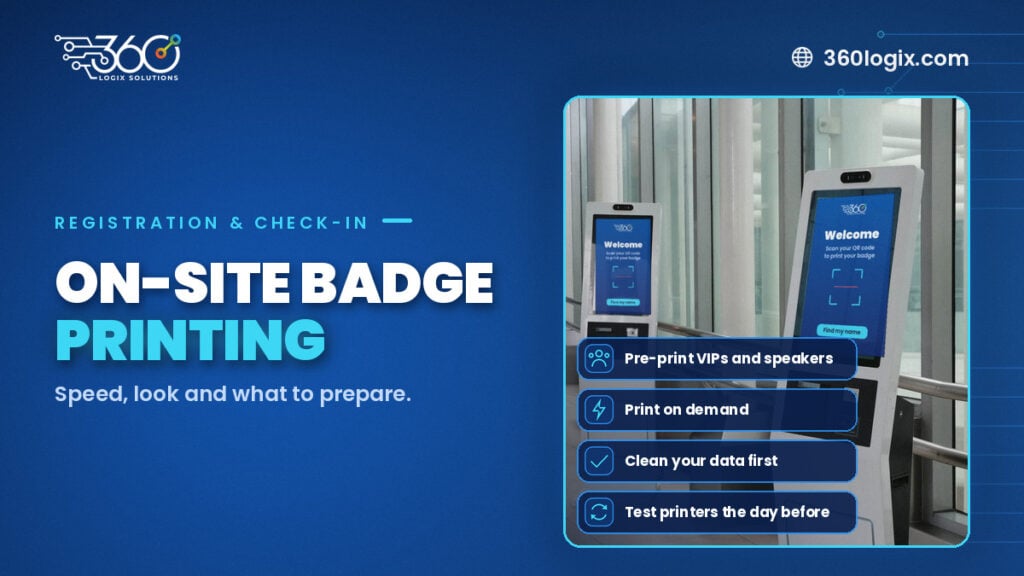 360 Logix registration kiosks with check-in screens ready for attendees