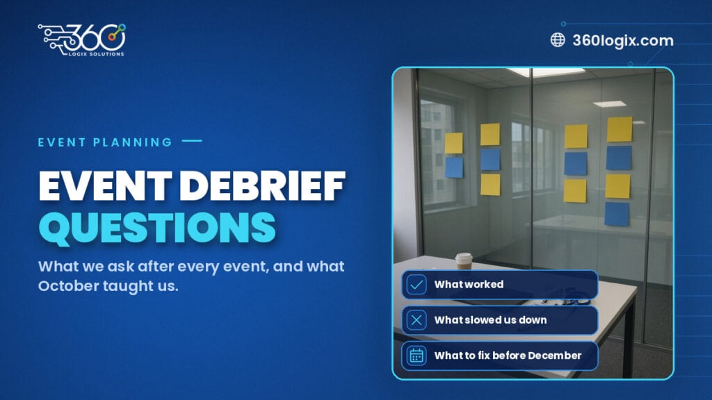 Team debrief wall with blank sticky notes after an event