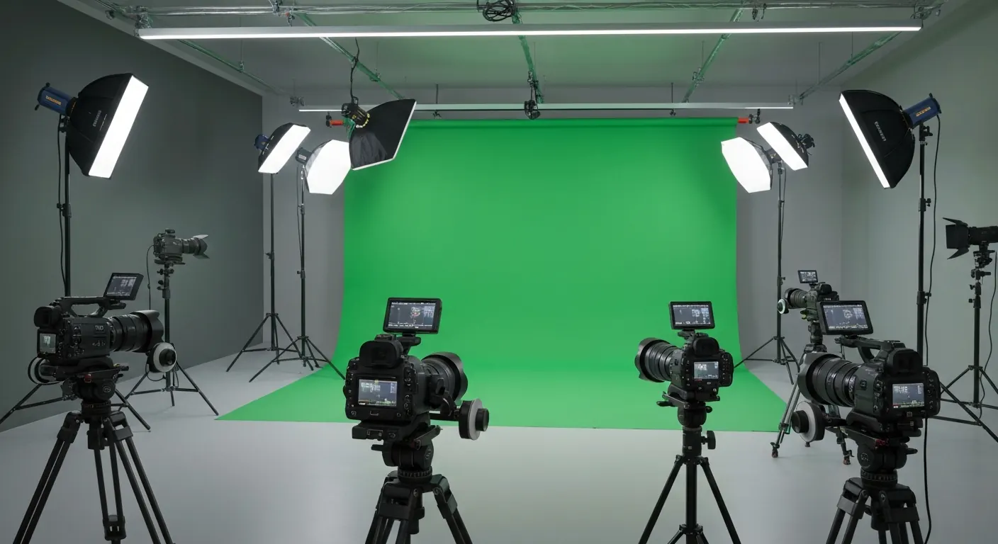 Video studio with cameras and lights set up in front of a green screen