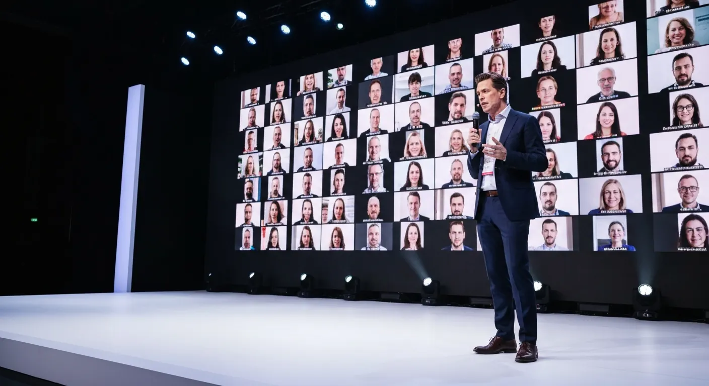 Speaker on stage in front of a screen showing remote attendees on video