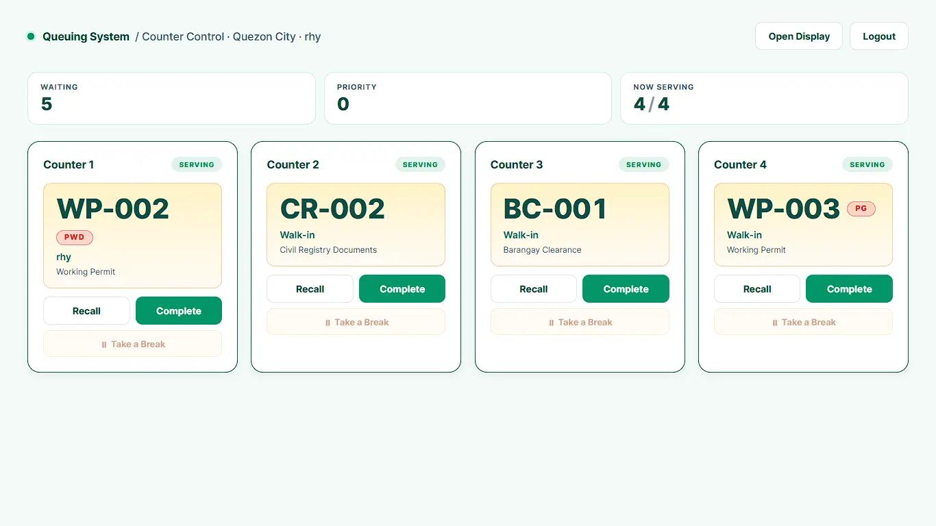 Staff dashboard for calling queue numbers