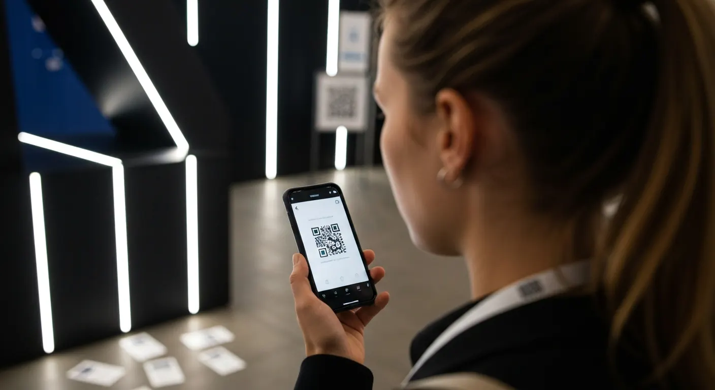 Attendee showing a QR code on a phone at a check-in desk