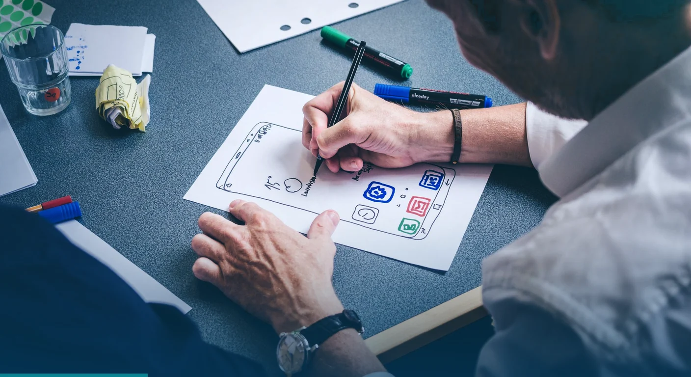Hand sketching a mobile app wireframe with markers on paper at a desk