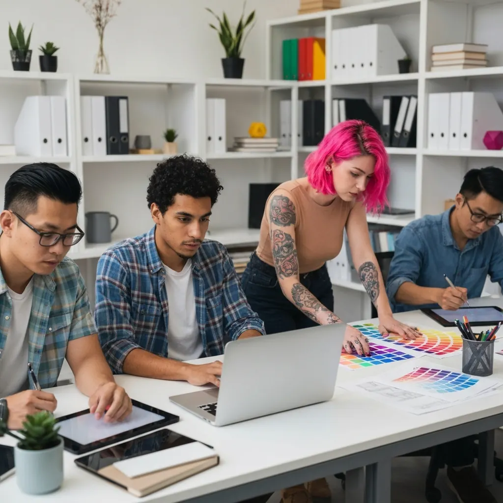 Creative team collaborating around a laptop