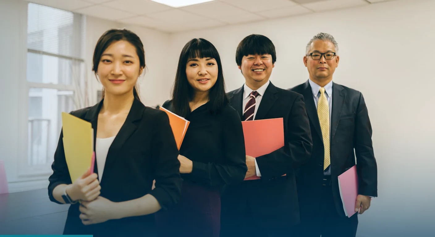 Four smiling colleagues in business attire standing in a row holding colorful folders