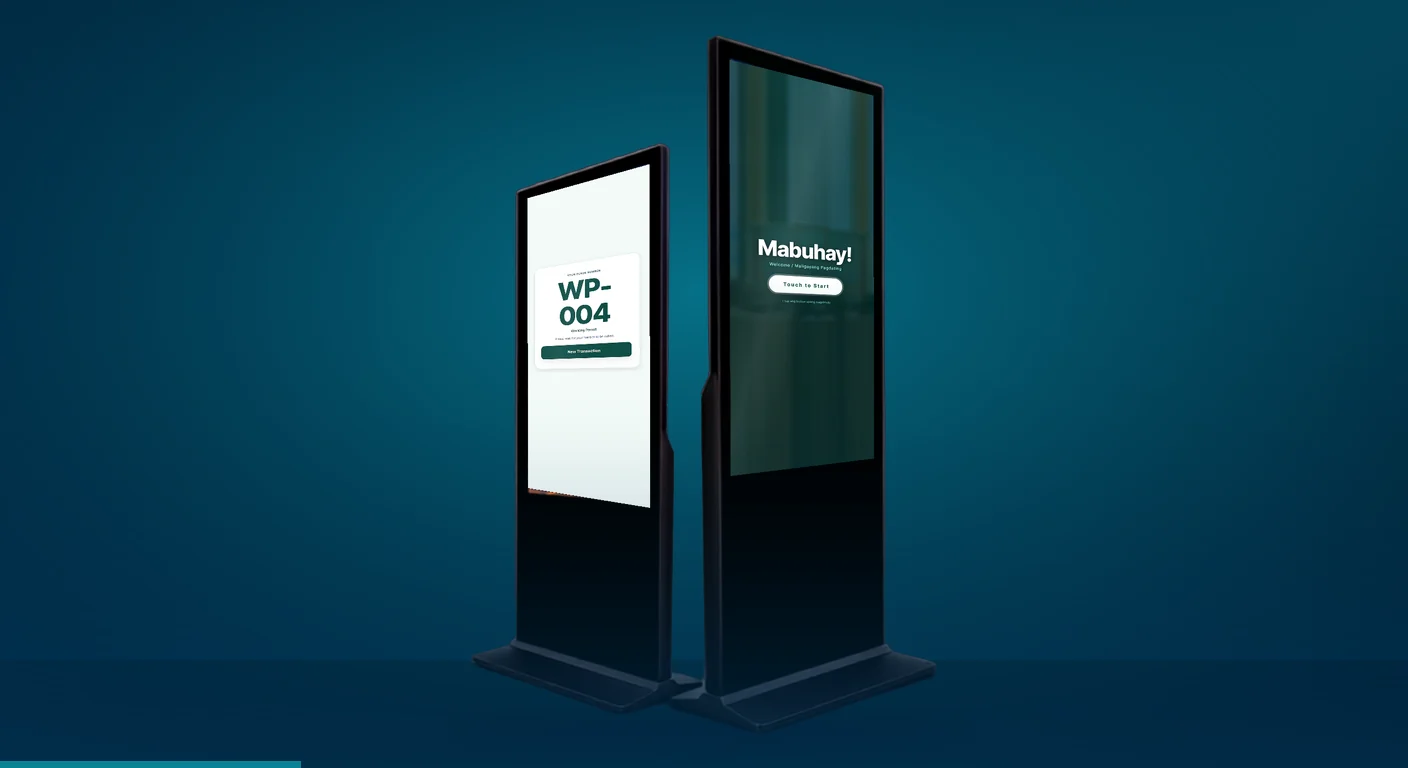 360 Logix stand kiosks showing the touch-to-start welcome screen and a queue number