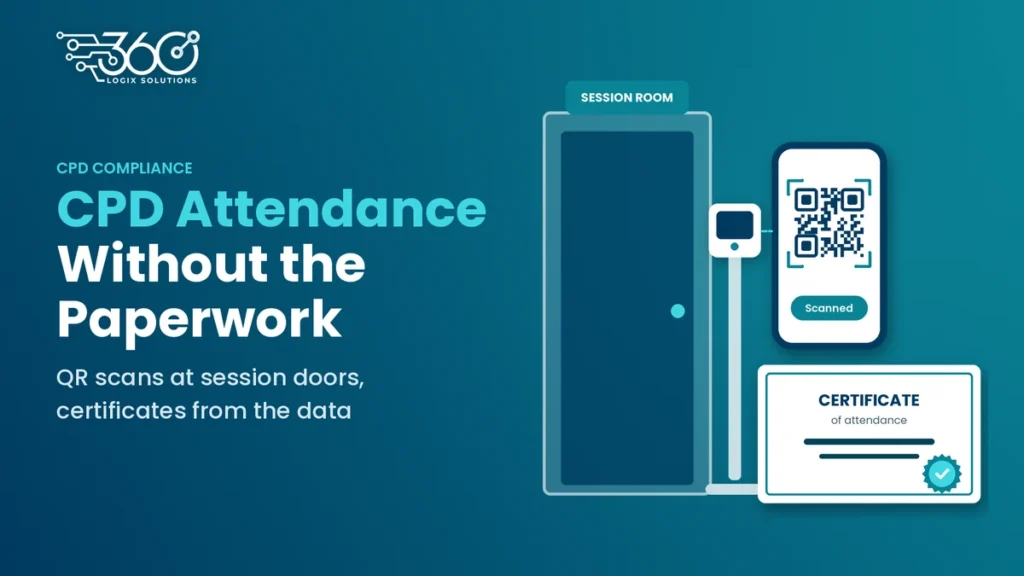 Delegate scanning a QR code at a session door, with an attendance certificate