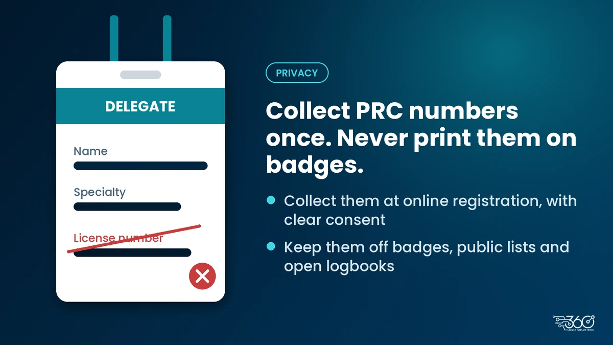 Event badge graphic with name and specialty fields and the license number crossed out: never print PRC numbers on badges