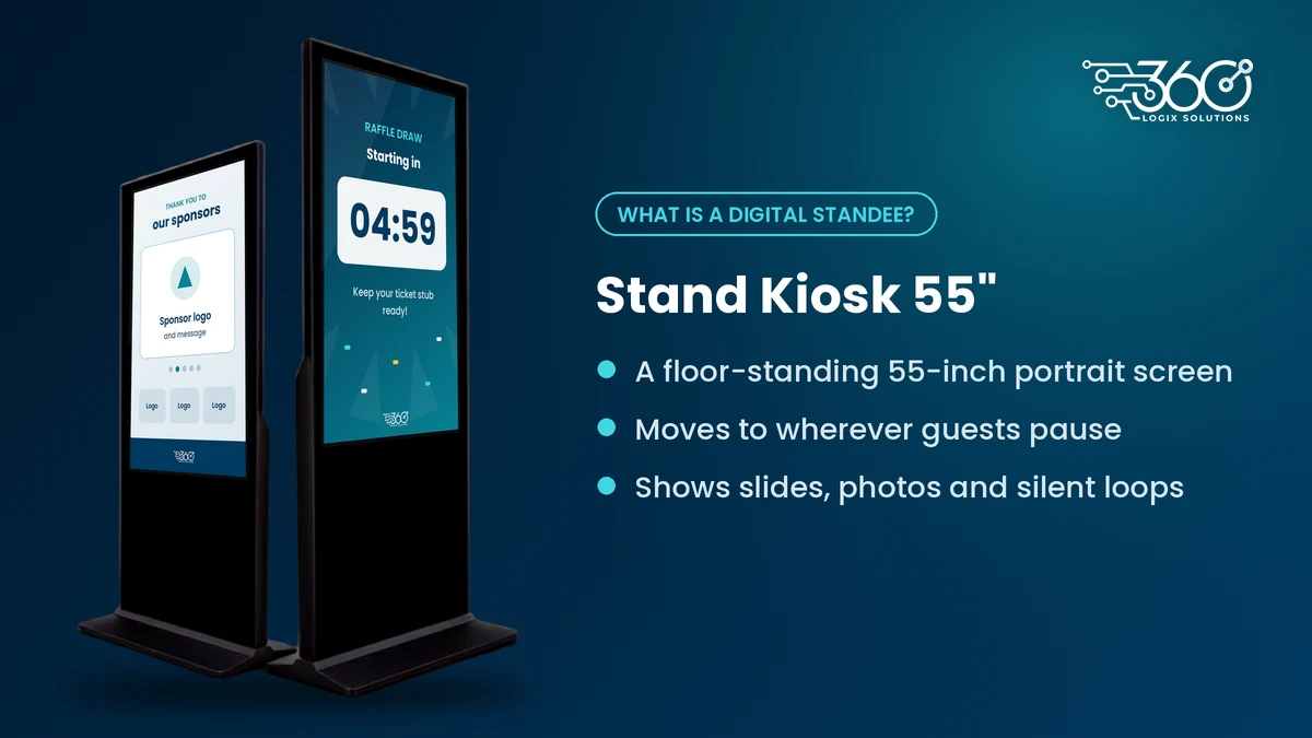 Stand Kiosk 55" floor-standing portrait screens showing a sponsor loop and a raffle countdown