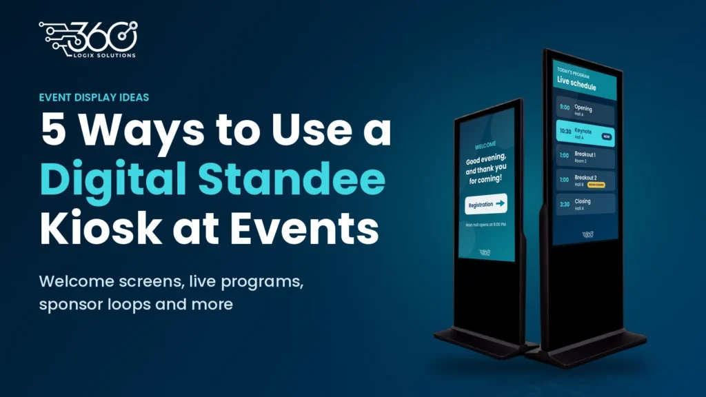 Digital standee for events: two Stand Kiosk 55" units showing a welcome screen and the live program