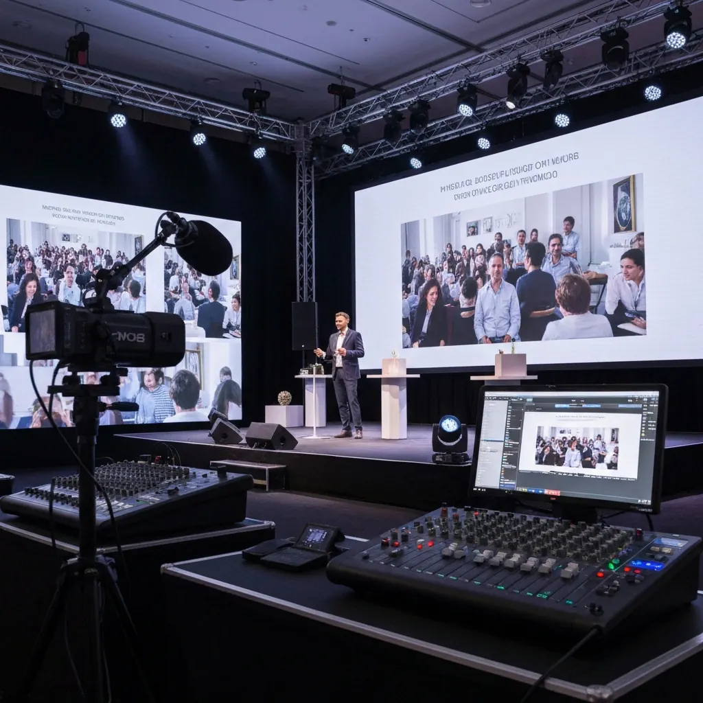 Livestream camera and mixing desk facing a conference stage