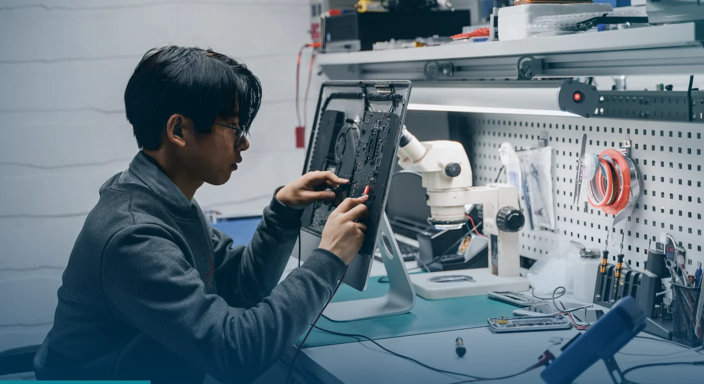 Technician inspecting the back of a display at an electronics workbench with a microscope