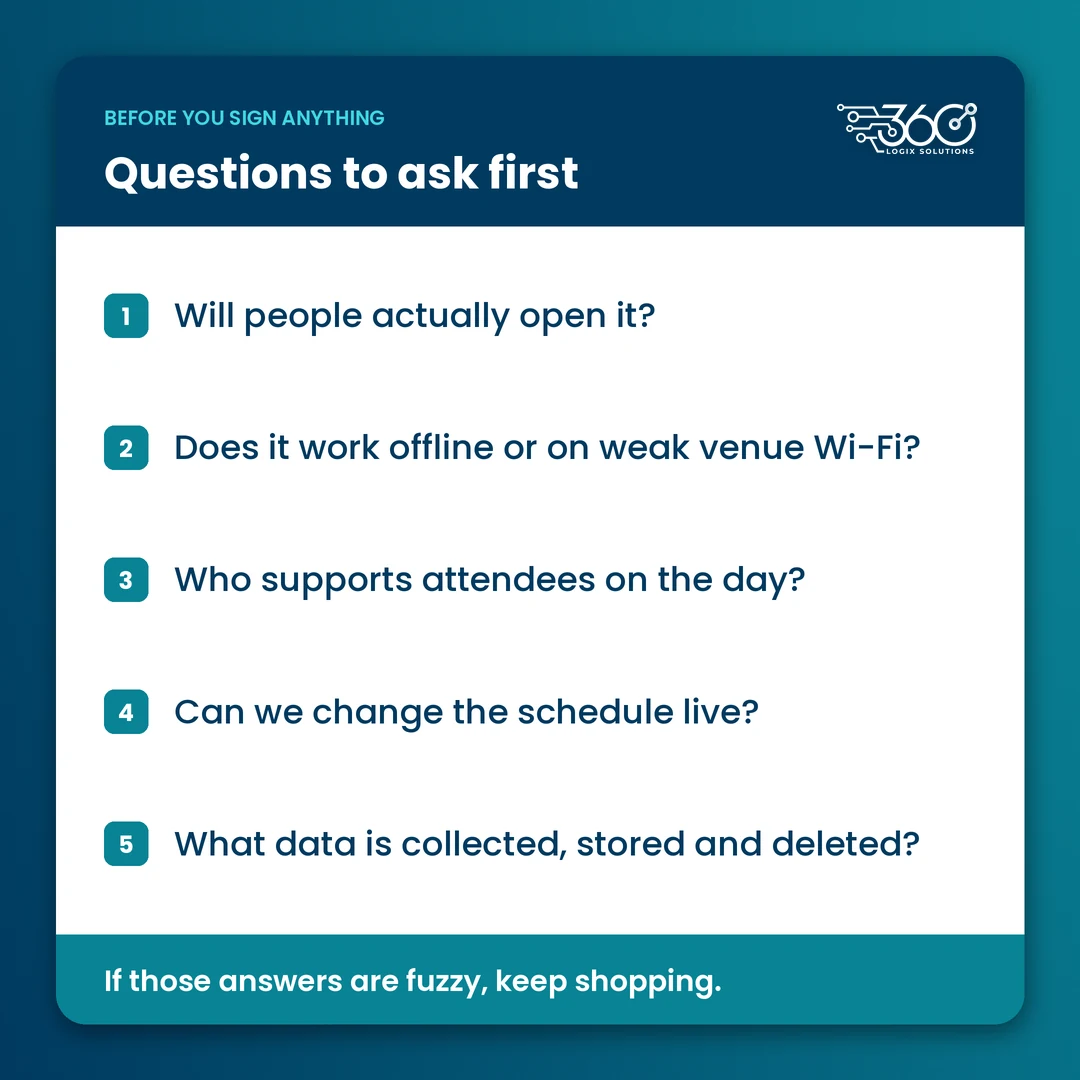 Five questions to ask before choosing an event app, from adoption and weak Wi-Fi to support, live changes and data