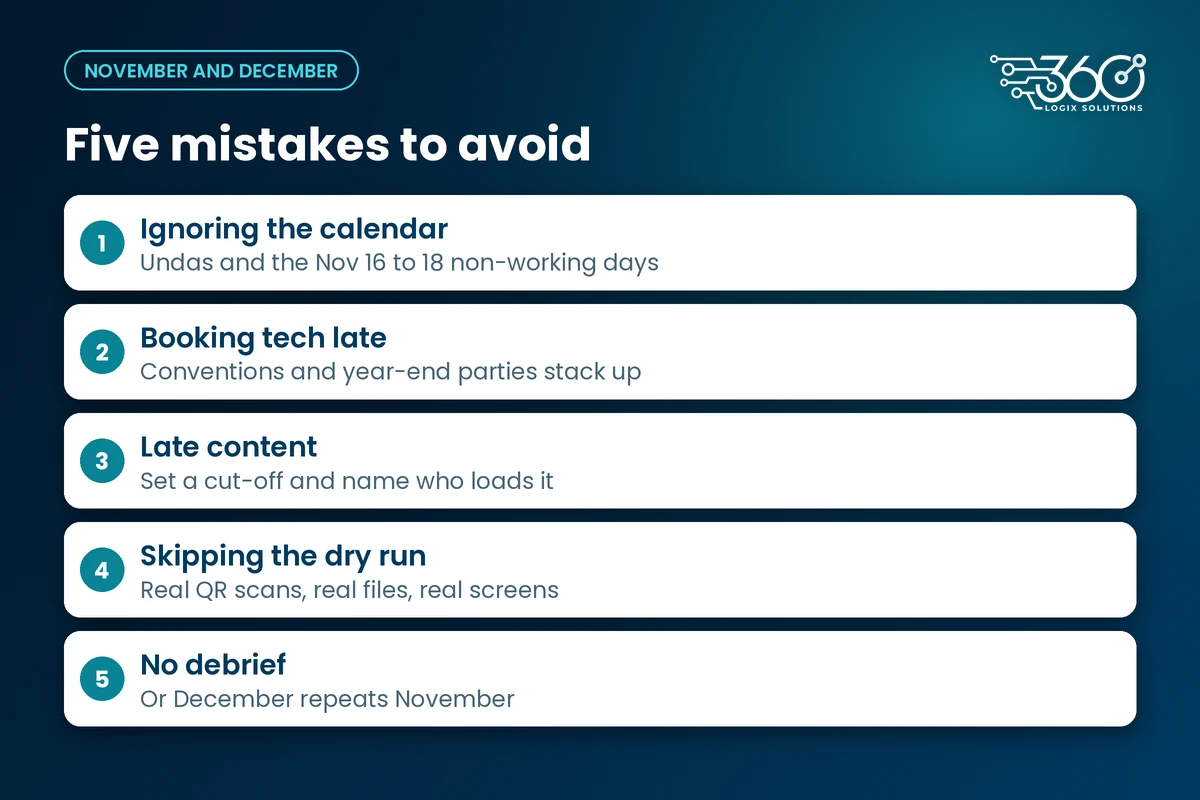 November and December reminders: watch the calendar, book tech early, set content cut-offs, do a dry run, debrief