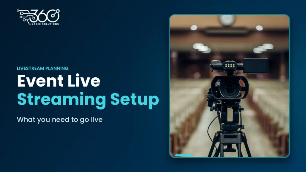 Event live streaming setup: a video camera on a tripod facing rows of empty chairs in an event hall