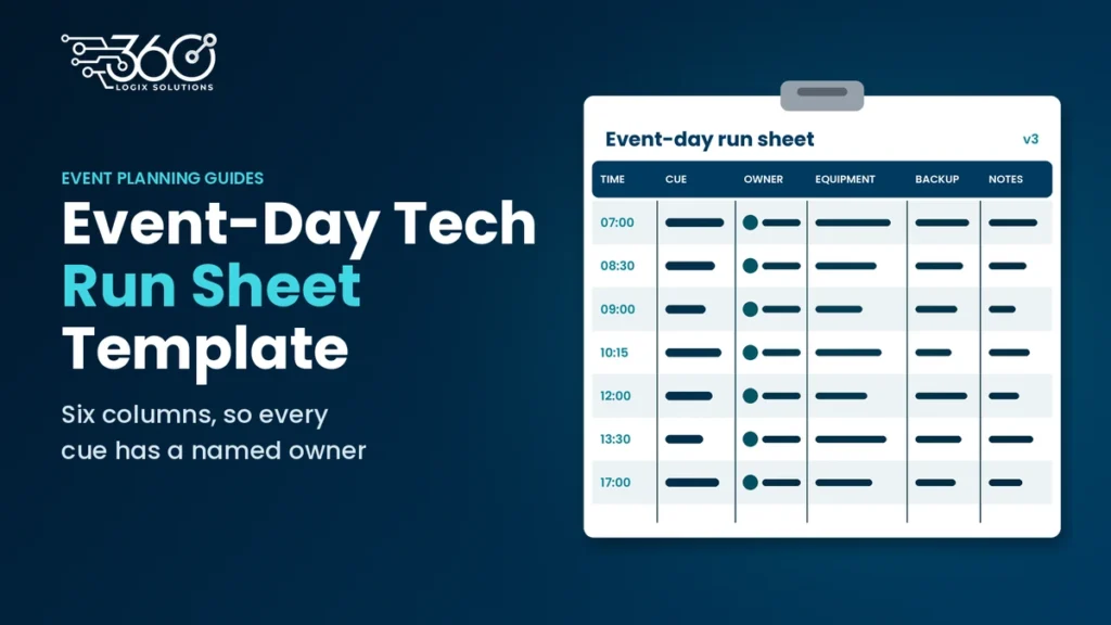 Printed event schedule with time, cue, owner, equipment, backup and notes columns