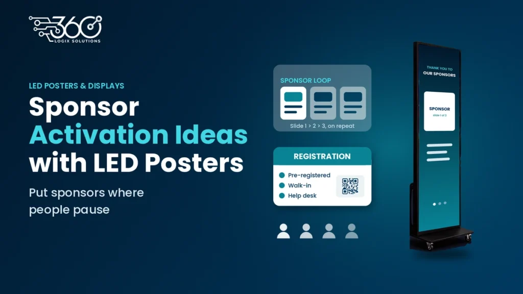 LED Poster rotating sponsor slides beside a conference registration area
