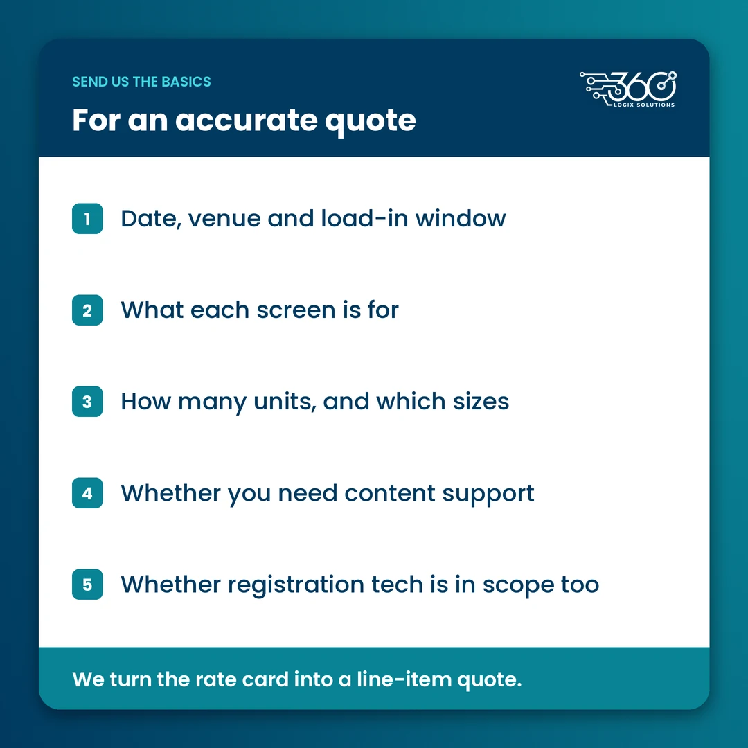 Event tech rental cost quote checklist: date and venue, screen purpose, units and sizes, content support, registration tech