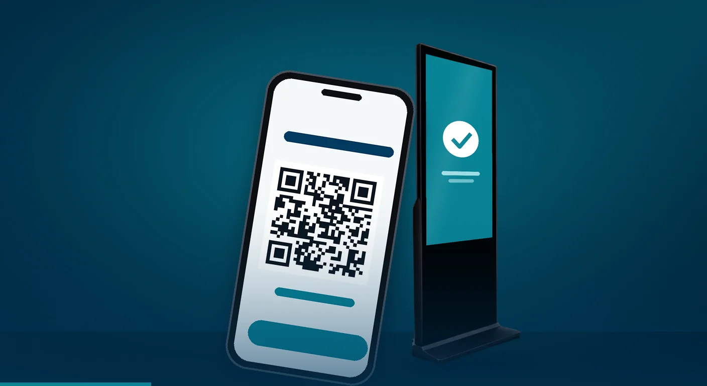 Phone showing a QR pass beside an Interactive Touchscreen Kiosk that confirms the guest is checked in