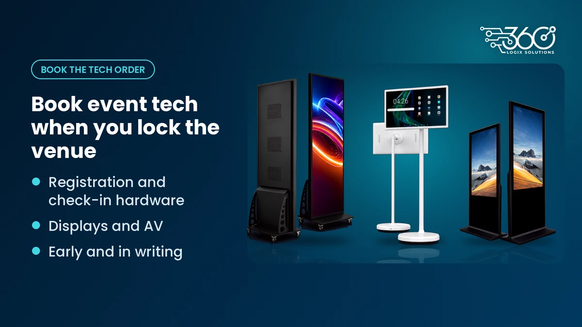 Rental event tech on a navy background: Logix Pixel LED Posters, Vision 22-inch displays and Stand Kiosk 55-inch units