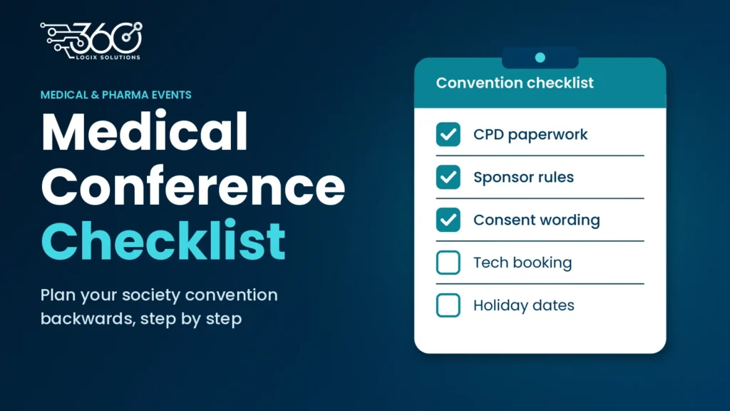 How to organize a medical conference: checklist card with CPD paperwork, sponsor rules, consent, tech booking, holidays