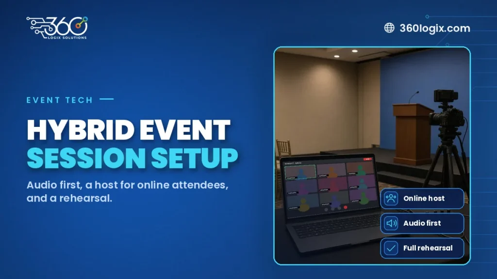 Hybrid event setup with presenter on stage, livestream camera, and laptop showing remote attendees