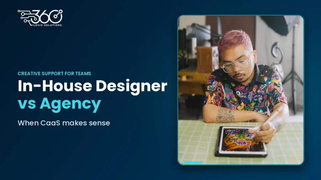 In-house designer vs agency: a designer draws colourful artwork on a tablet with a stylus at a studio table