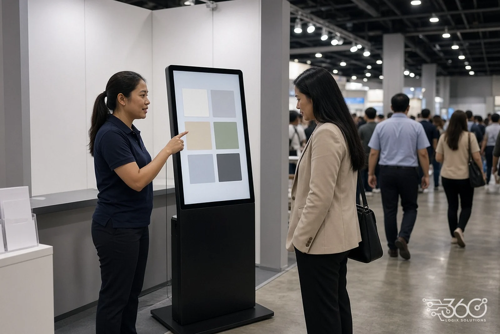 Visitors at an expo booth tapping through a touchscreen kiosk