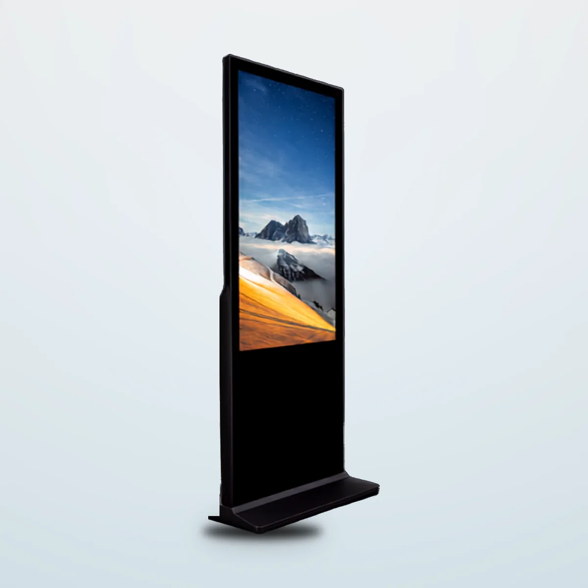 Interactive Touchscreen Kiosk front view, a portrait touchscreen on a flat floor base