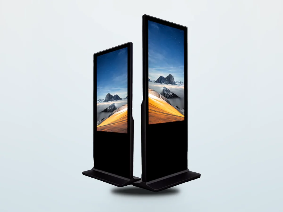 Two Interactive Touchscreen Kiosk units side by side on floor stands