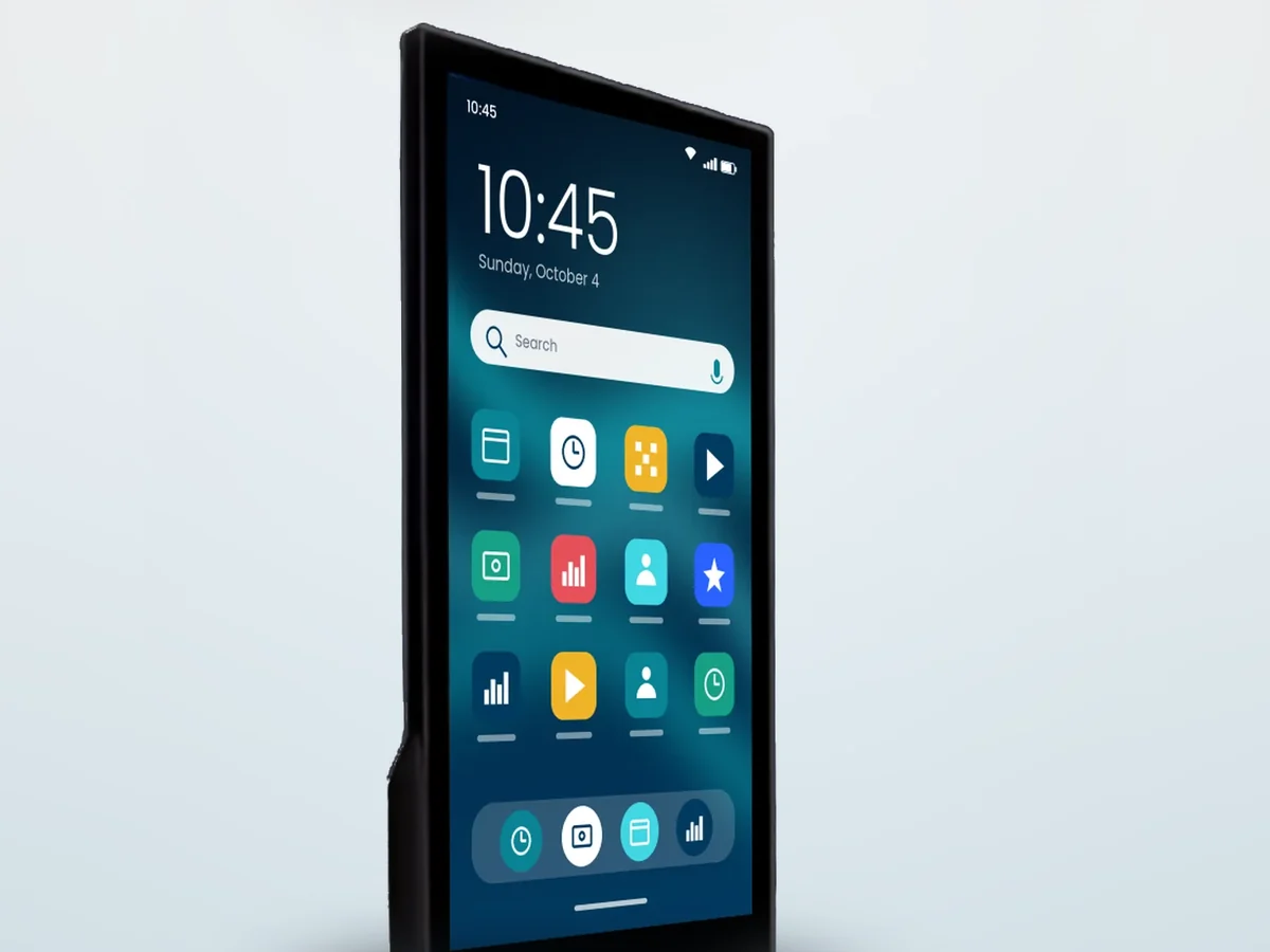 Interactive Touchscreen Kiosk with its home screen on, side angle
