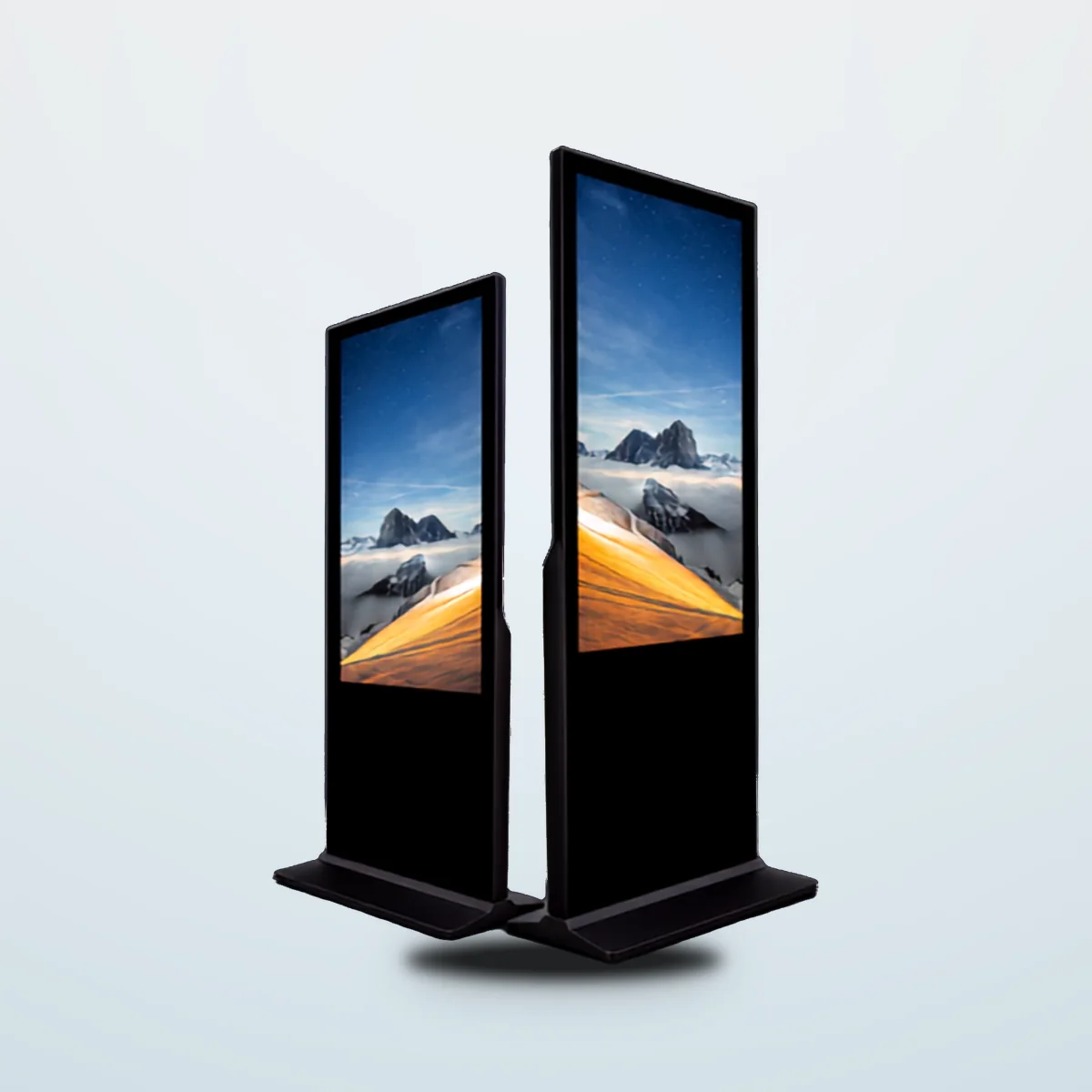Two Interactive Touchscreen Kiosk units for rent, with portrait touchscreens on floor stands