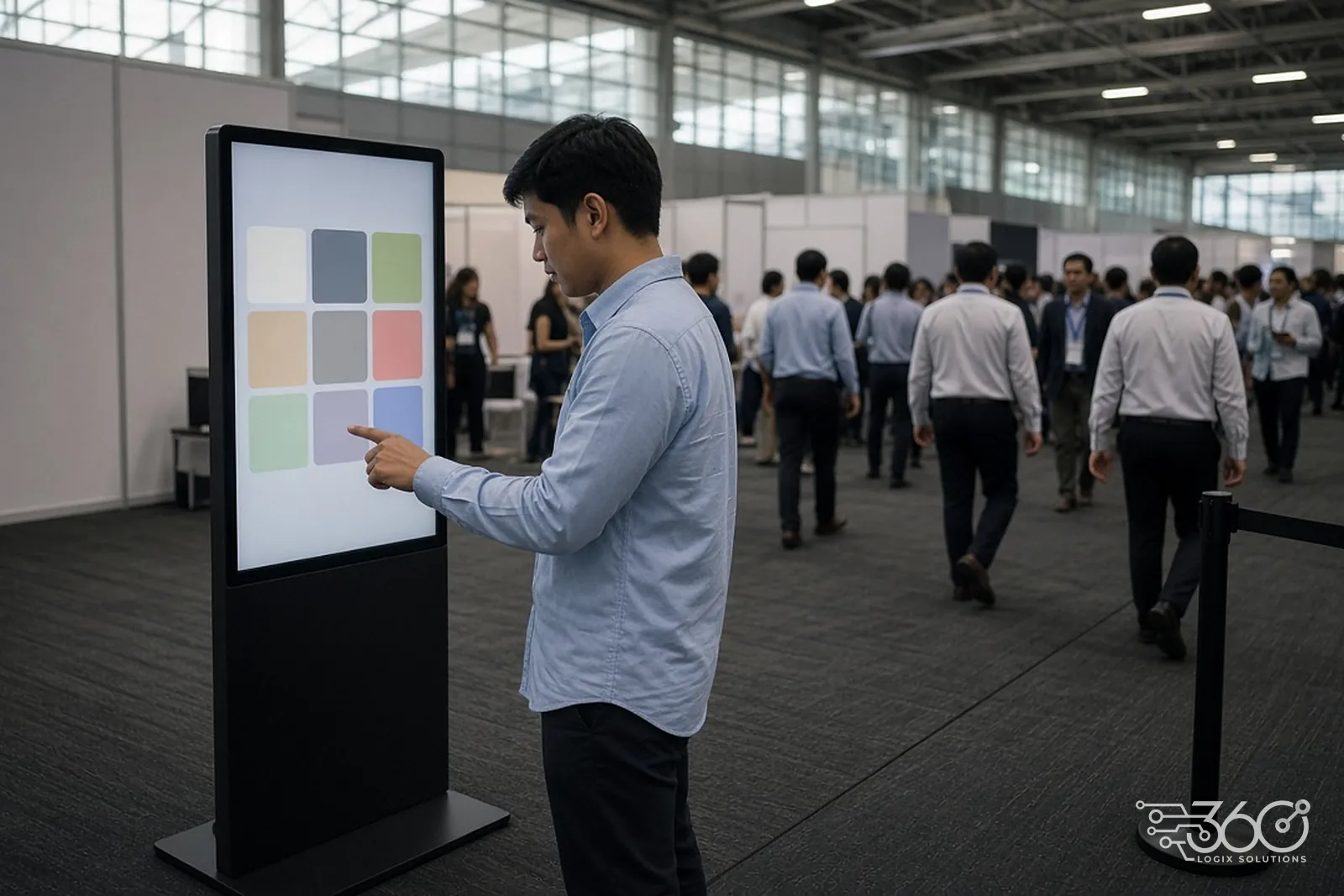 Visitor browsing a product catalog on a touchscreen kiosk in a busy event hall