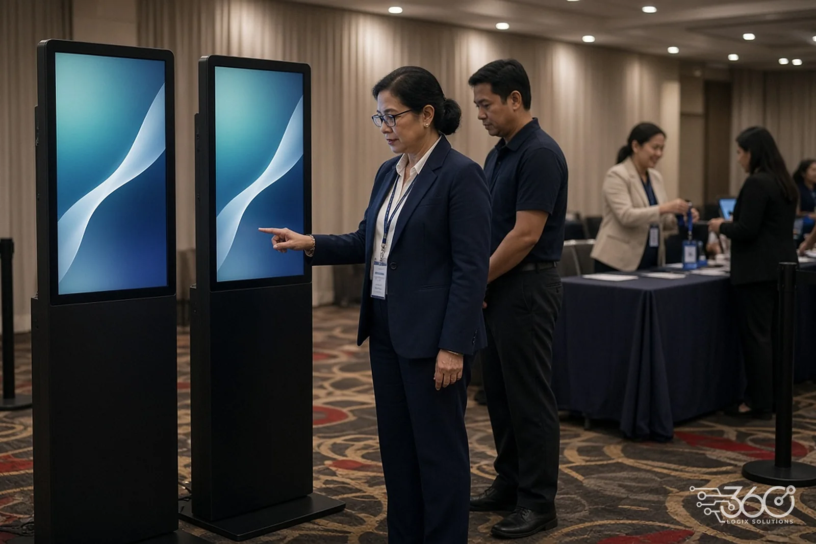 Guests at an event registration area with touchscreen kiosks