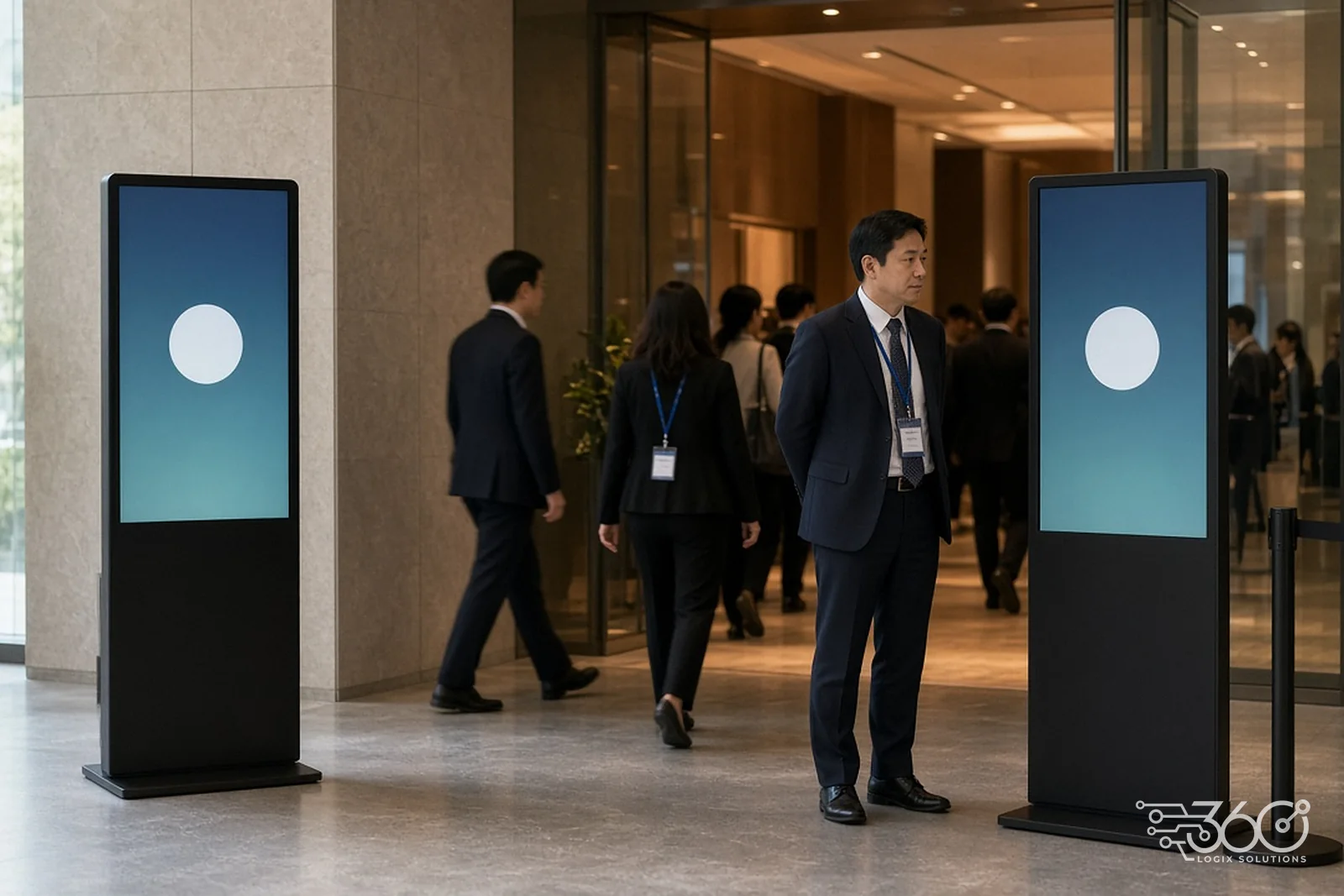 Arriving guests at a hotel event greeted beside a touchscreen kiosk