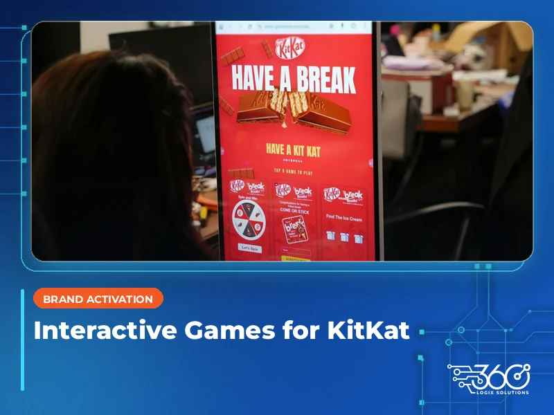 Portrait touch-screen kiosk showing our KitKat game picker, with the headline "Interactive Games for KitKat" and the 360 Logix logo