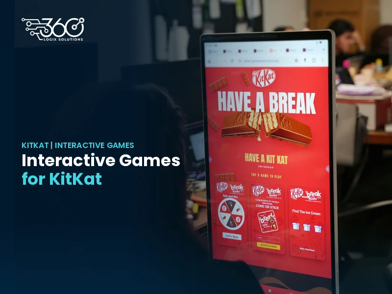 Portrait touch-screen kiosk showing our KitKat game picker, with the headline "Interactive Games for KitKat" and the 360 Logix logo