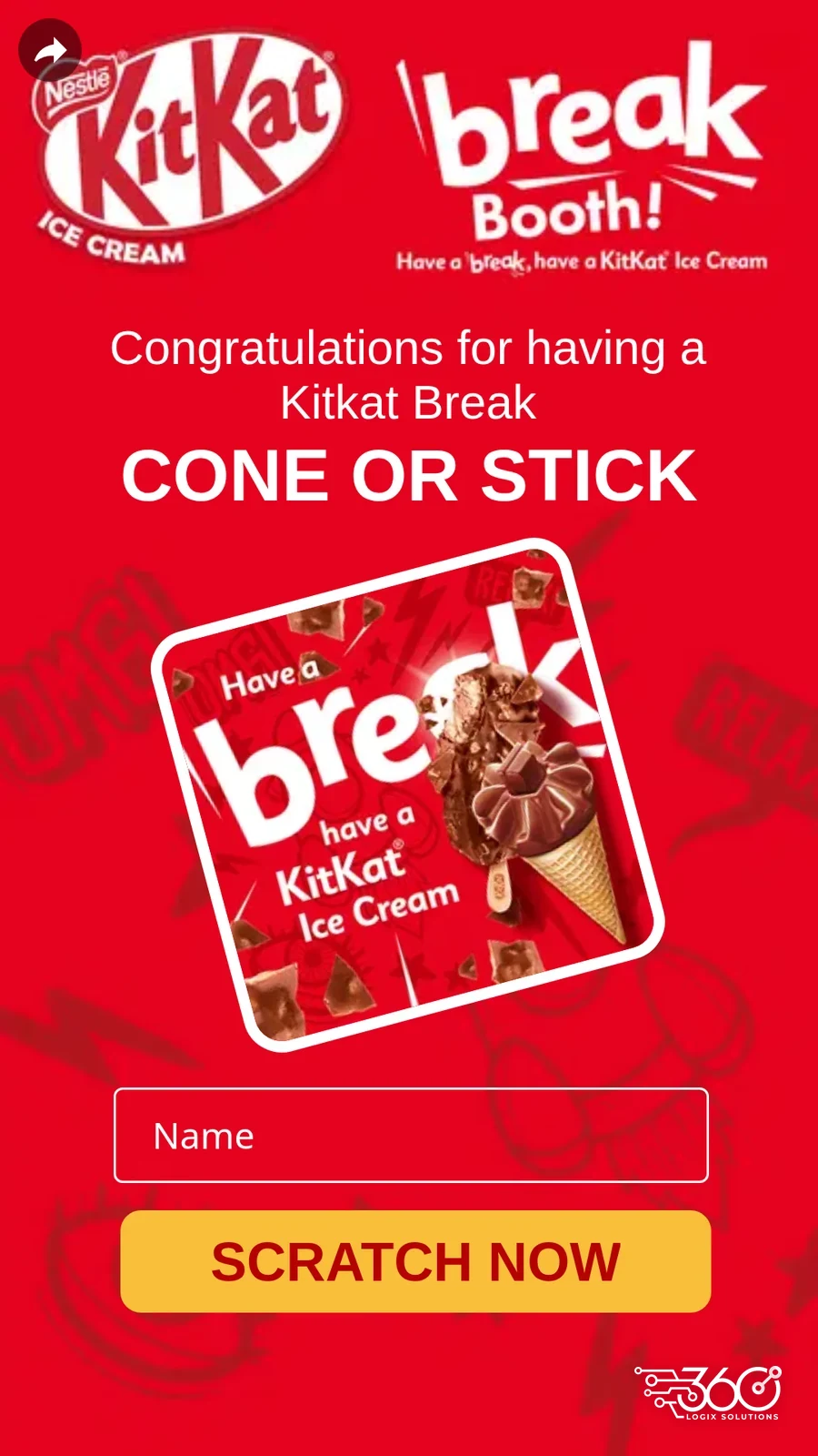 The start screen of our Cone or Stick game for KitKat, with a name field and a Scratch Now button