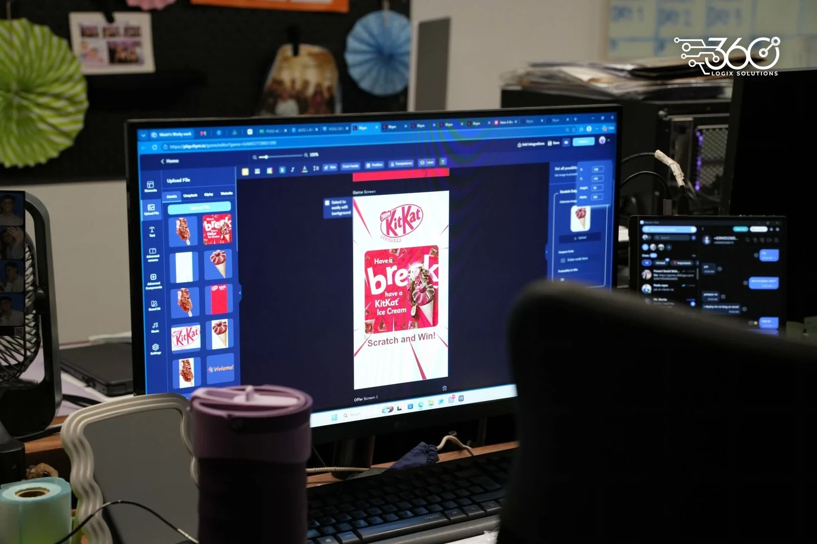 A 360 Logix designer's monitor showing a KitKat game screen in a design app, part of our interactive games for brand activation
