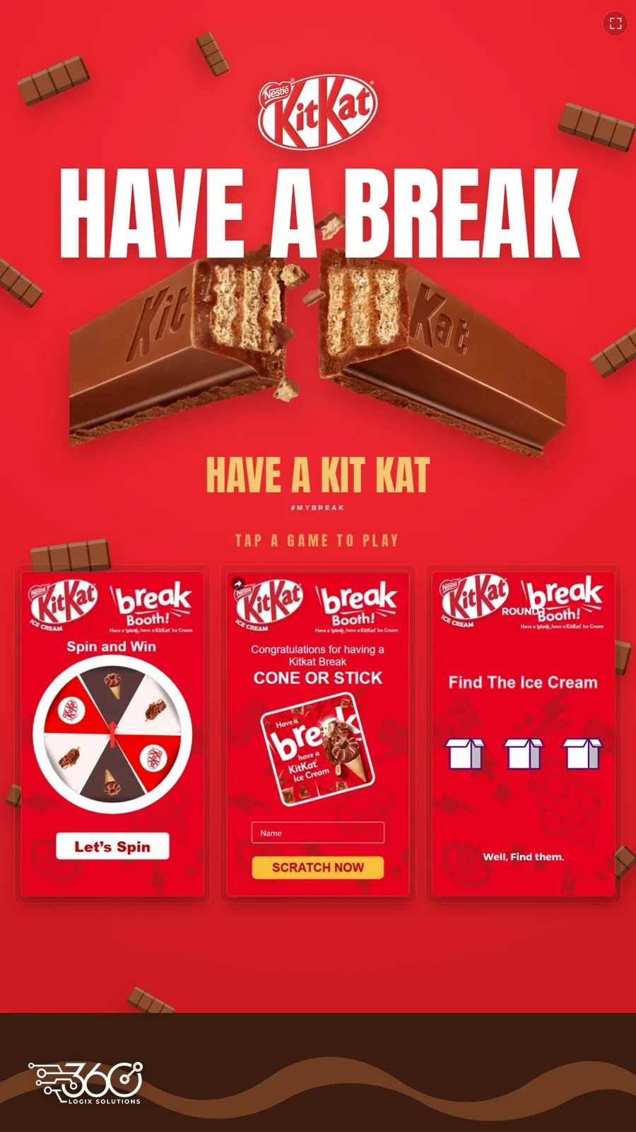 Our KitKat game picker screen with three games to tap: Spin and Win, Cone or Stick and Find The Ice Cream