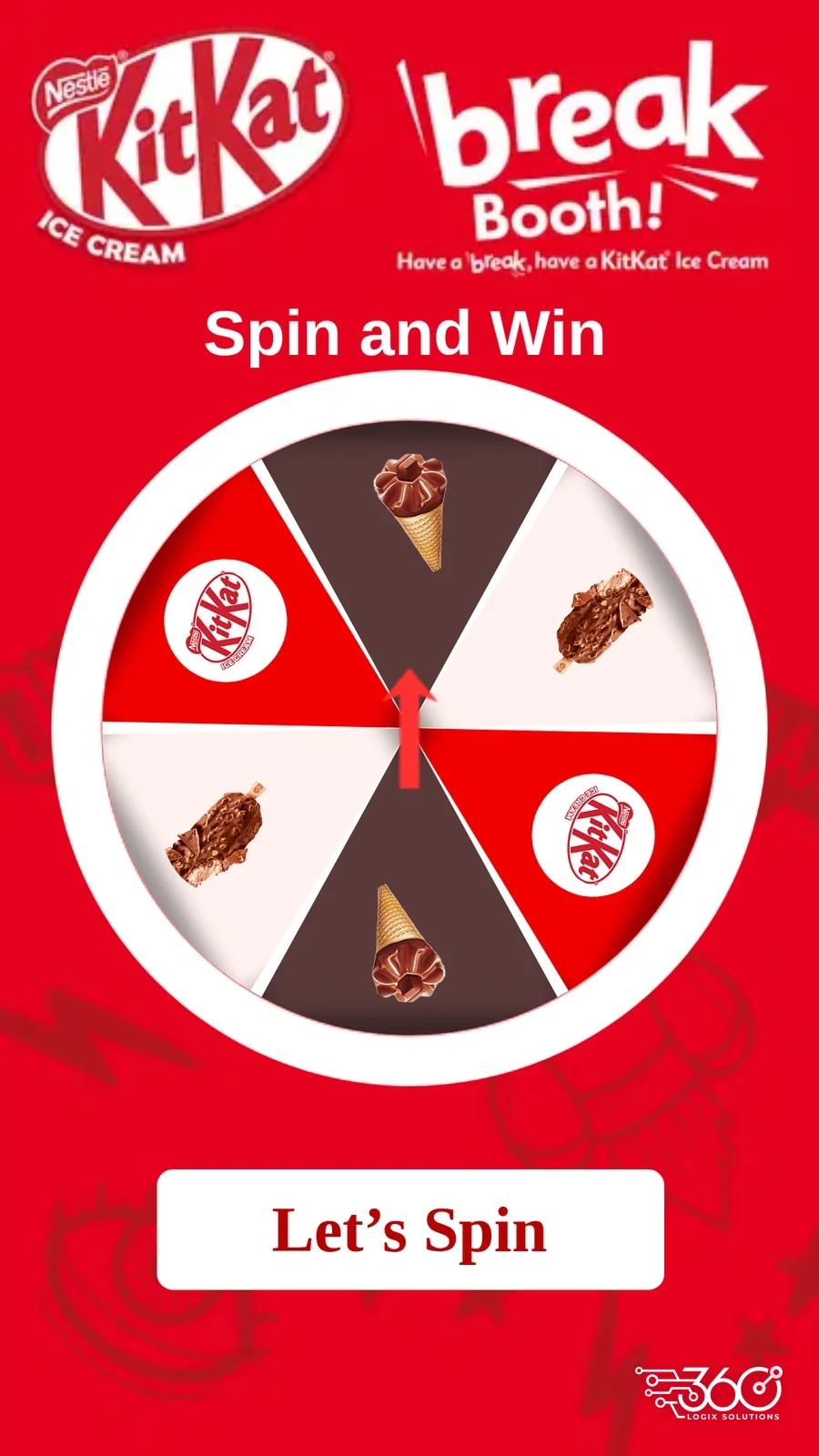 Our Spin and Win game for KitKat, a red prize wheel with ice cream and KitKat slices and a Let's Spin button