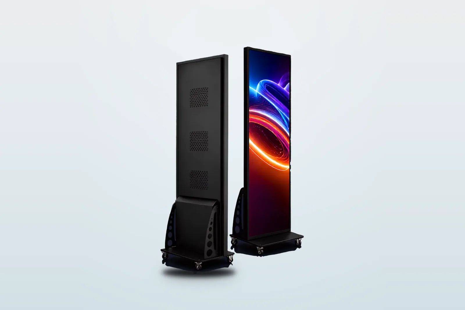 Two LED Posters for rent on wheeled bases, one showing the screen and one the back