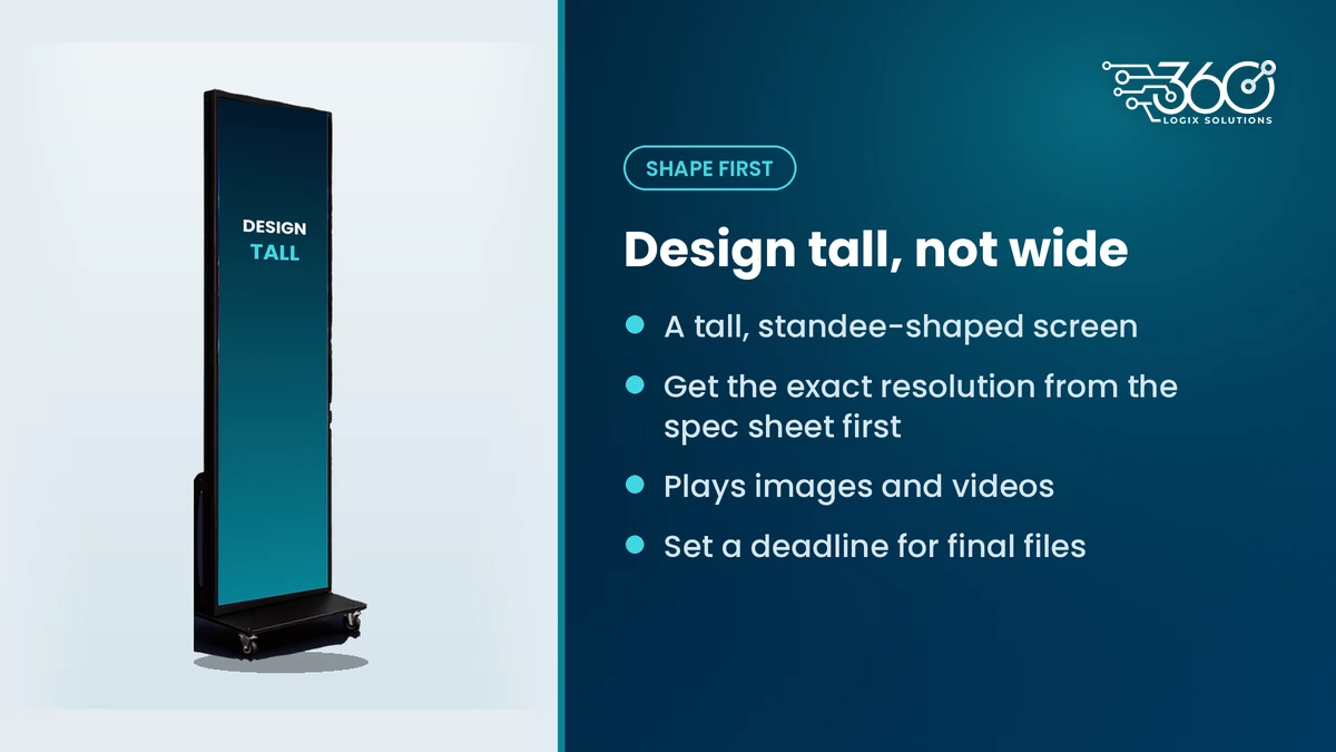 LED poster size and shape: a tall, standee-style LED Poster, with notes to design tall and get specs first