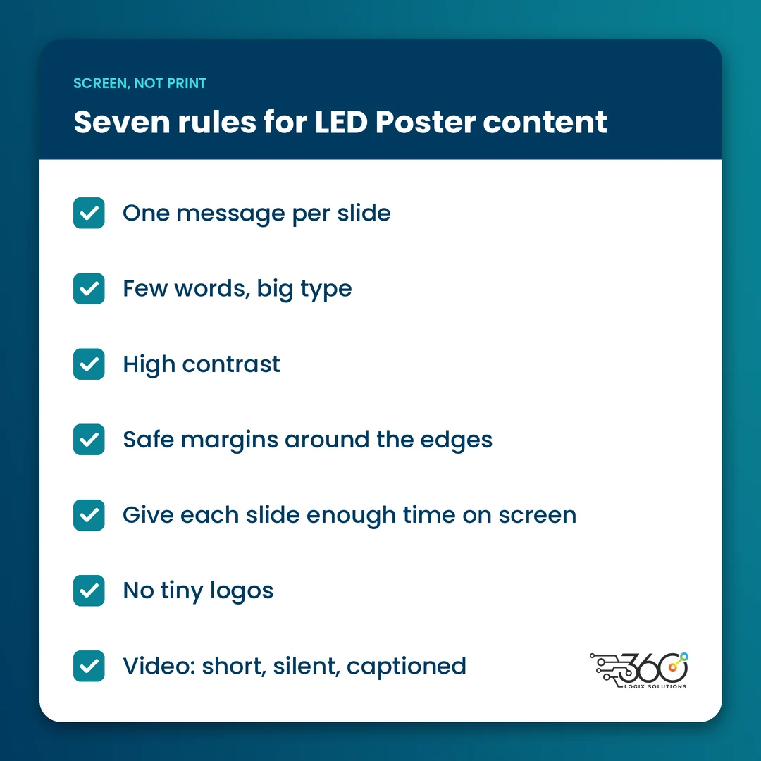 Seven content rules for an LED Poster: one message, big type, high contrast, safe margins, timing, logos, video